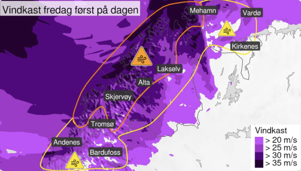 Vindkast opp mot 33-40 m/s
